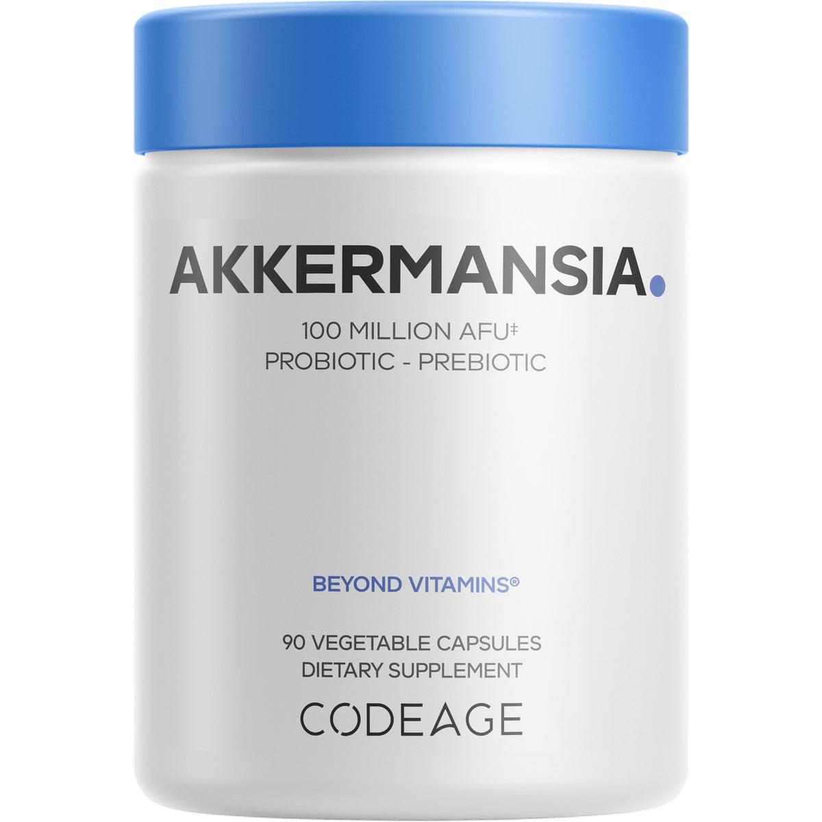 CDG001 | white supplement bottle labeled AKKERMANSIA probiotic-prebiotic, 100 MILLION AFU, 90 vegetable capsules
