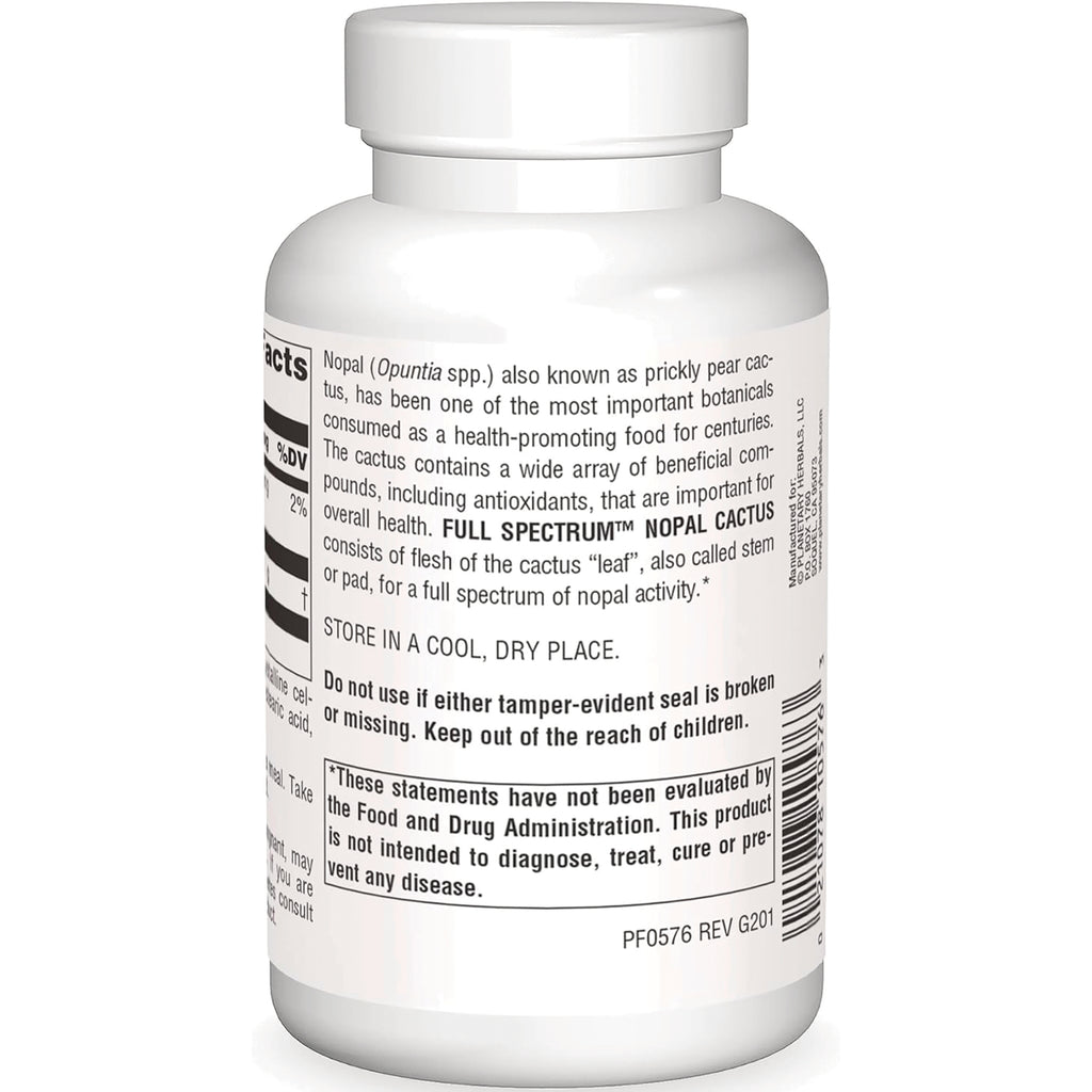 PF227 | back label of white supplement bottle showing nopal cactus description, storage instructions, FDA disclaimer and barcode - Thumbnail