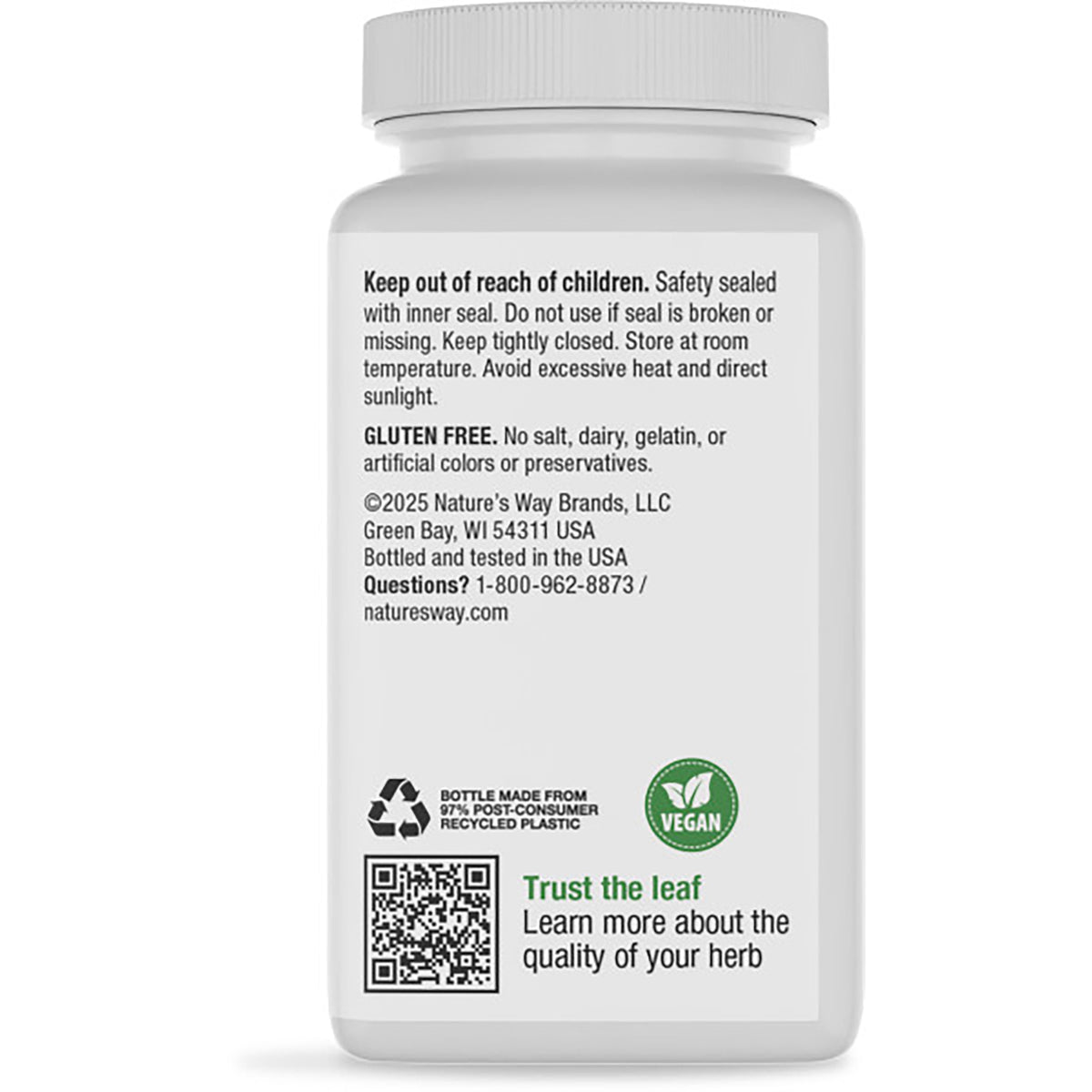 ET360 | Back label of brown supplement bottle showing Soothing Digestive Relief text, ingredients and barcode