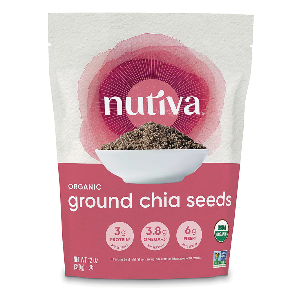 NTV032 | Nutiva organic ground chia seeds pouch front with bowl of ground chia and nutrition badges - Thumbnail