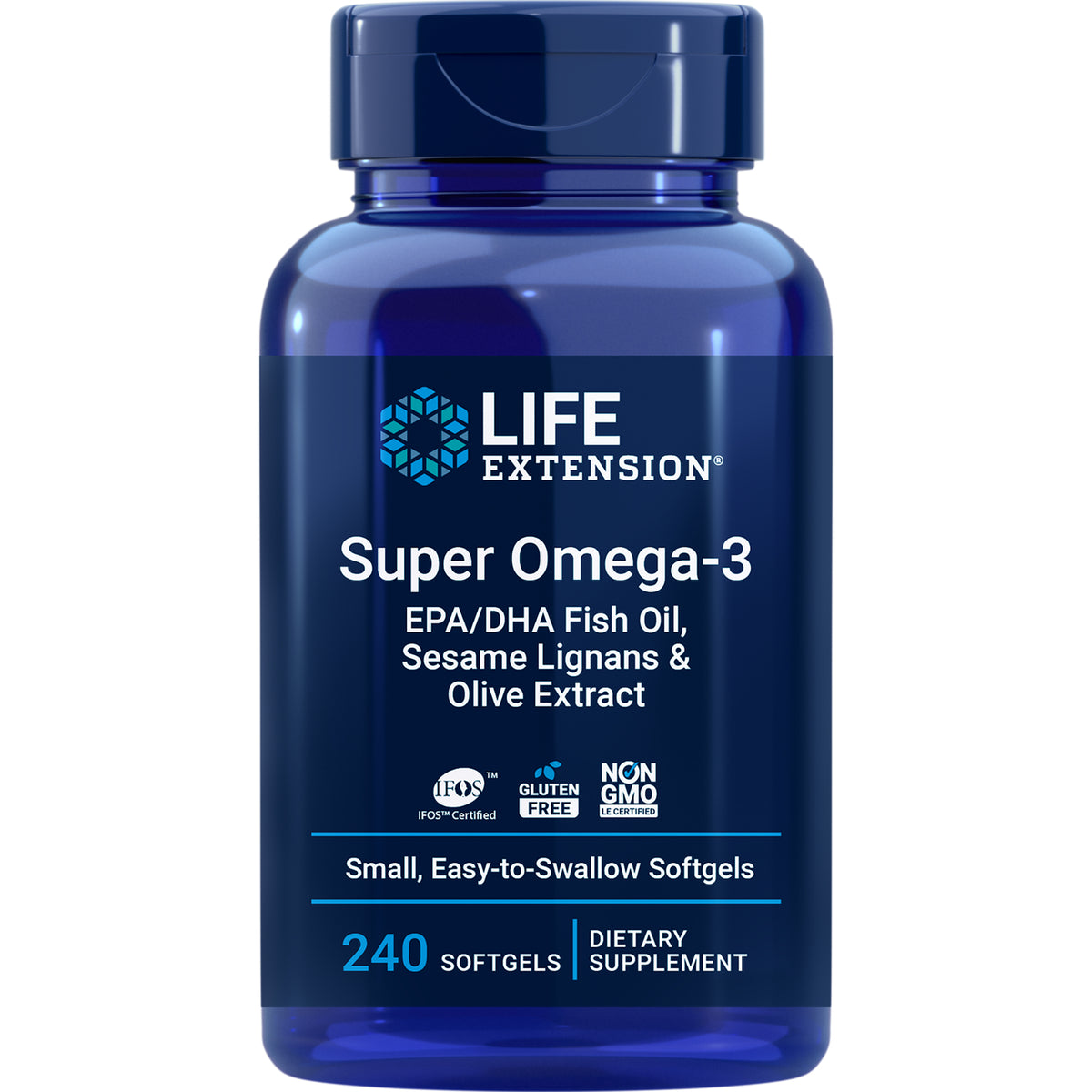 LE390 | Life Extension Super Omega-3 bottle, EPA/DHA fish oil softgels, 240 count