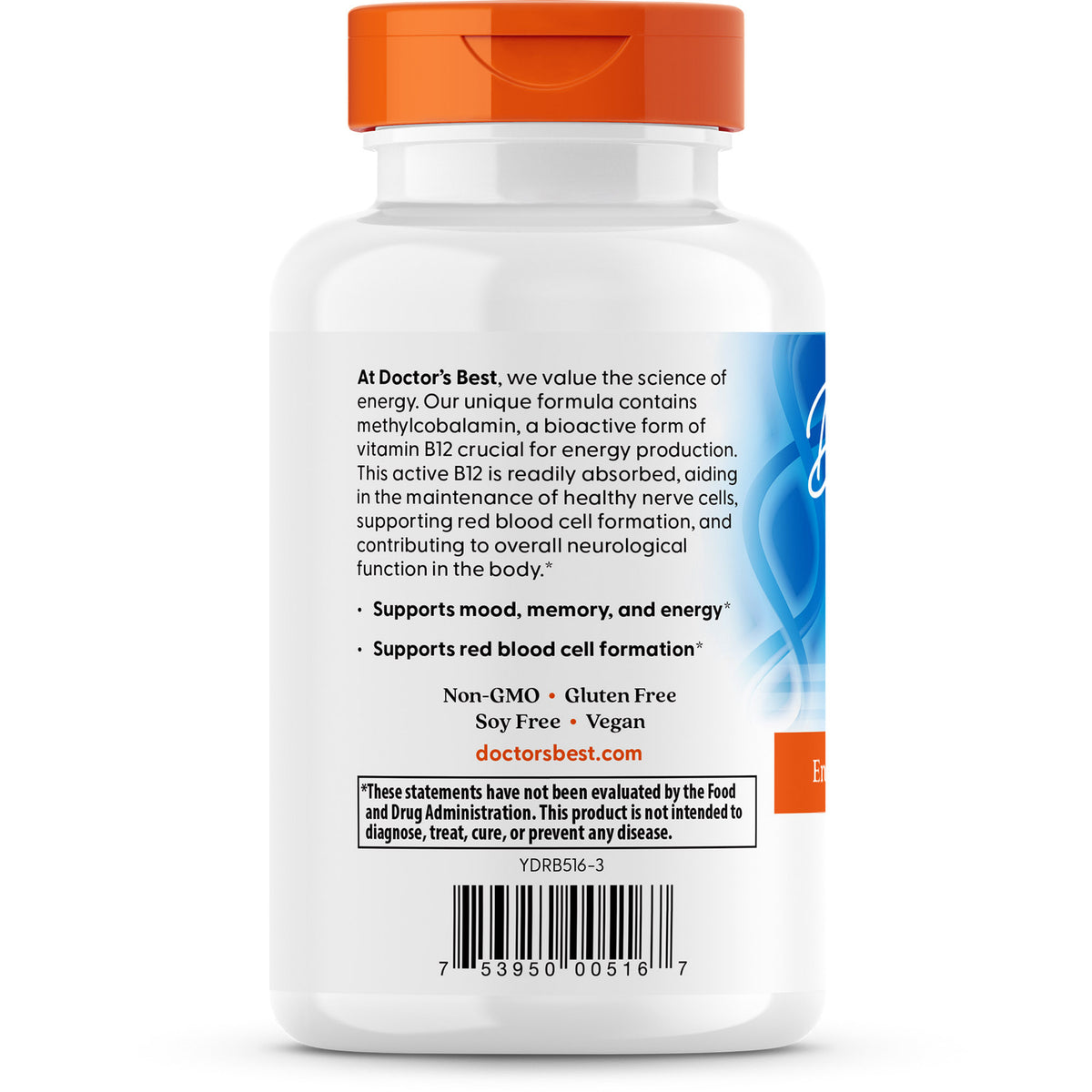 DB267 | Back of white supplement bottle showing Doctor's Best Fully Active B12 label text, claims and barcode