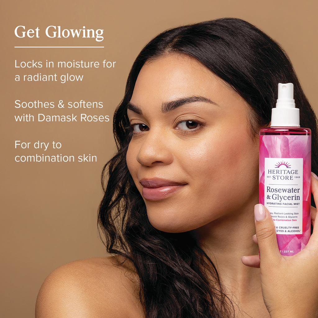HTG040 | Woman holding Heritage Store Rosewater & Glycerin facial mist next to text Get Glowing and product benefits - Thumbnail