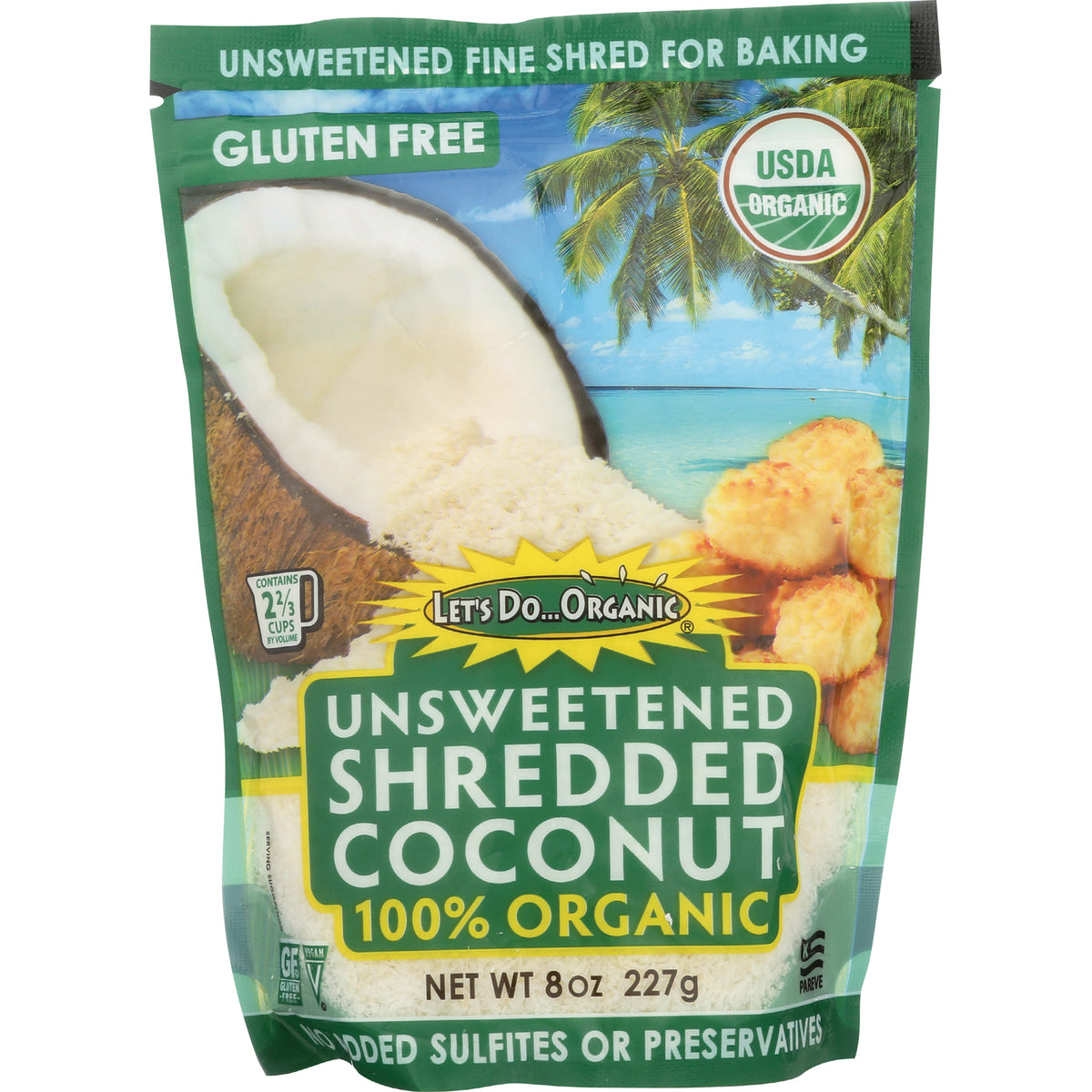 LDO003 | Unsweetened shredded coconut 100% organic pouch, 8 oz package with gluten free and USDA Organic labels