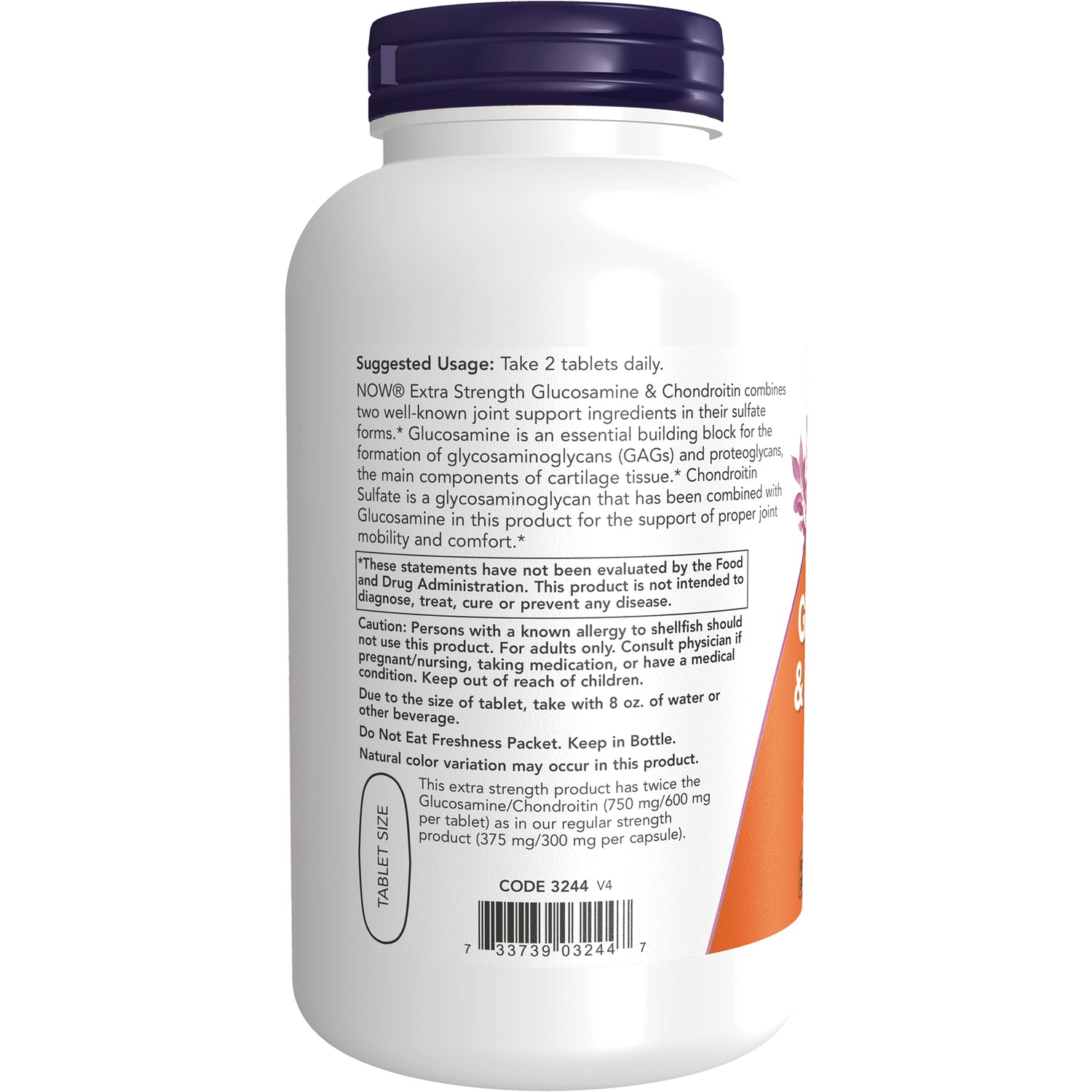 NWF676 | Back label showing suggested usage, cautions, tablet size graphic, and barcode on white supplement bottle