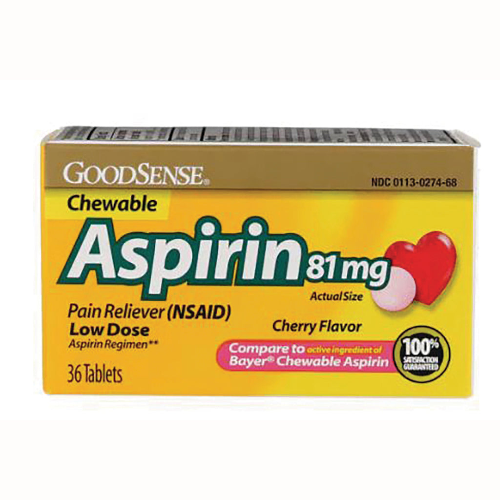 GDS015 | GoodSense chewable Aspirin 81 mg box, cherry flavor, 36 tablets, front packaging - Thumbnail