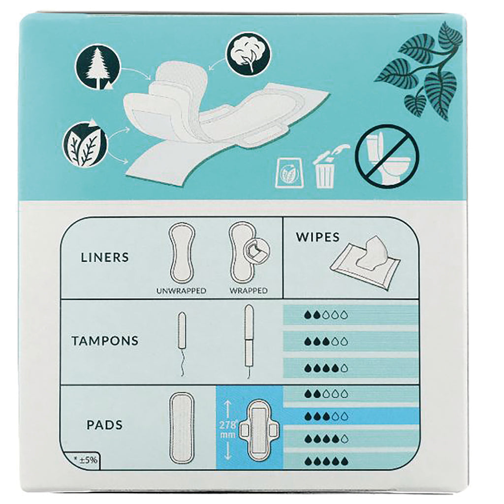 NCR009 | Back of package showing liners, tampons, pads and wipes diagram with absorbency icons and 278 mm pad illustration - Thumbnail
