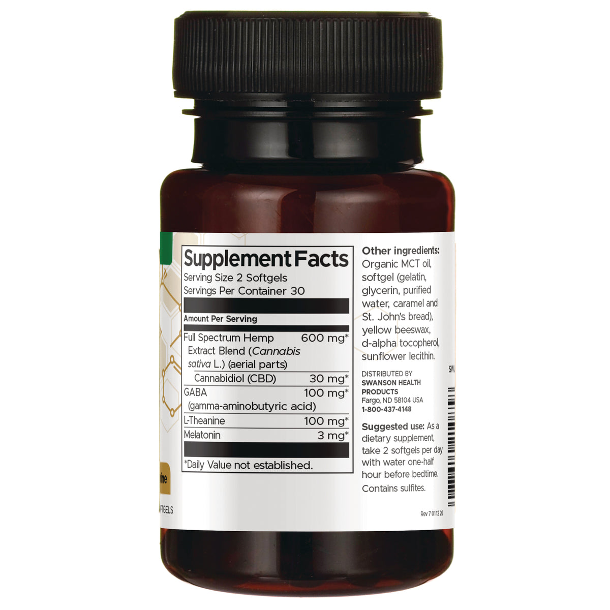 SWU1085 | Back label with Supplement Facts panel, serving size 2 softgels, 30 servings, ingredients and directions