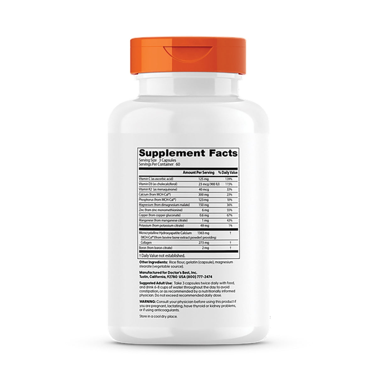 DB152 | Back label showing Supplement Facts panel, ingredients, suggested use and manufacturer info on white bottle