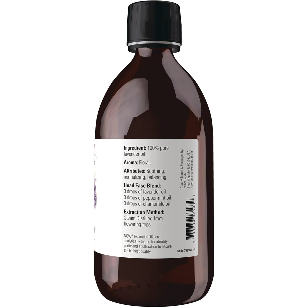 NWF487 | back of amber bottle showing label with ingredients, head ease blend, extraction method and barcode