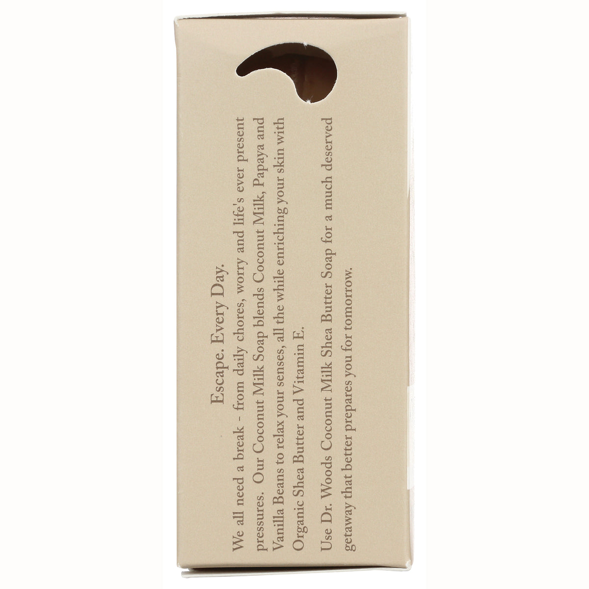 DRW013 | back panel of beige soap box with vertical product description mentioning Coconut Milk and Shea Butter