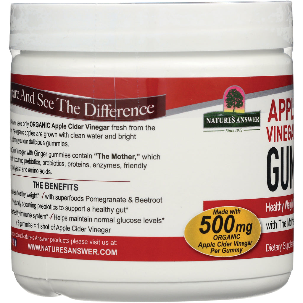 NAT411 | product infographic label for Nature's Answer Apple Cider Vinegar gummies showing benefits and 500 mg badge - Thumbnail