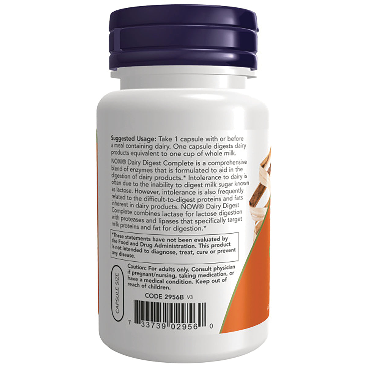 NWF670 | Back label of white supplement bottle showing usage text, barcode, and purple cap