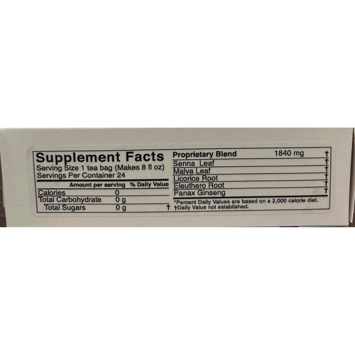 HBL009 | supplement facts panel: serving size 1 tea bag, proprietary blend 1840 mg listing Senna, Malva, Licorice, Eleuthero, Panax Ginseng