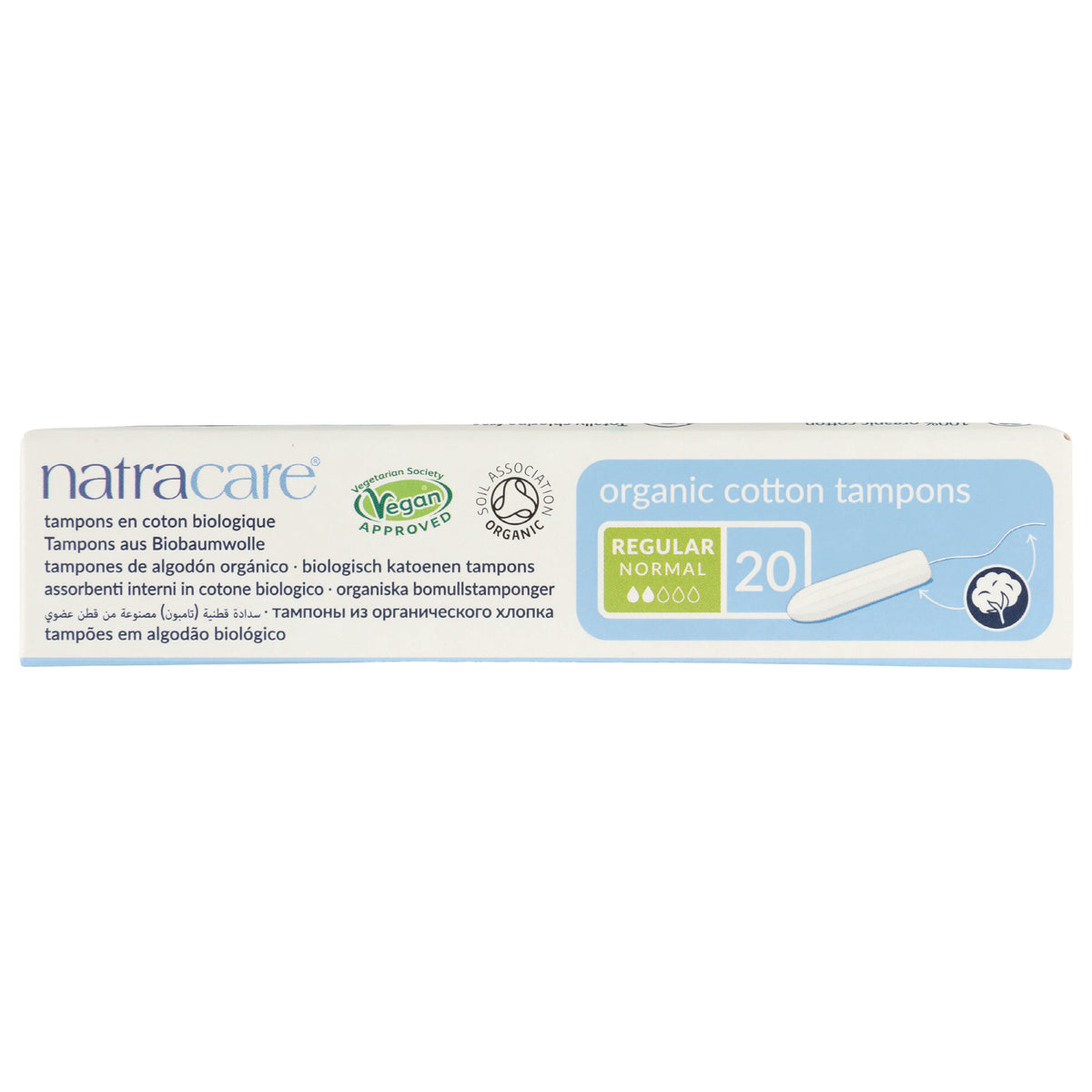 NCR001 | product infographic of Natracare organic cotton tampons box labeled Regular 20 and Vegan Approved