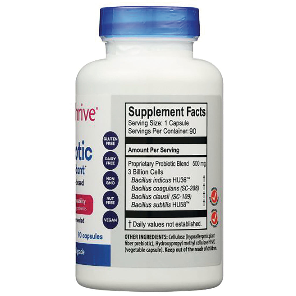 JTR003 | Back of white probiotic bottle showing supplement facts panel and circular badges reading gluten free, dairy free, non GMO, vegan - Thumbnail