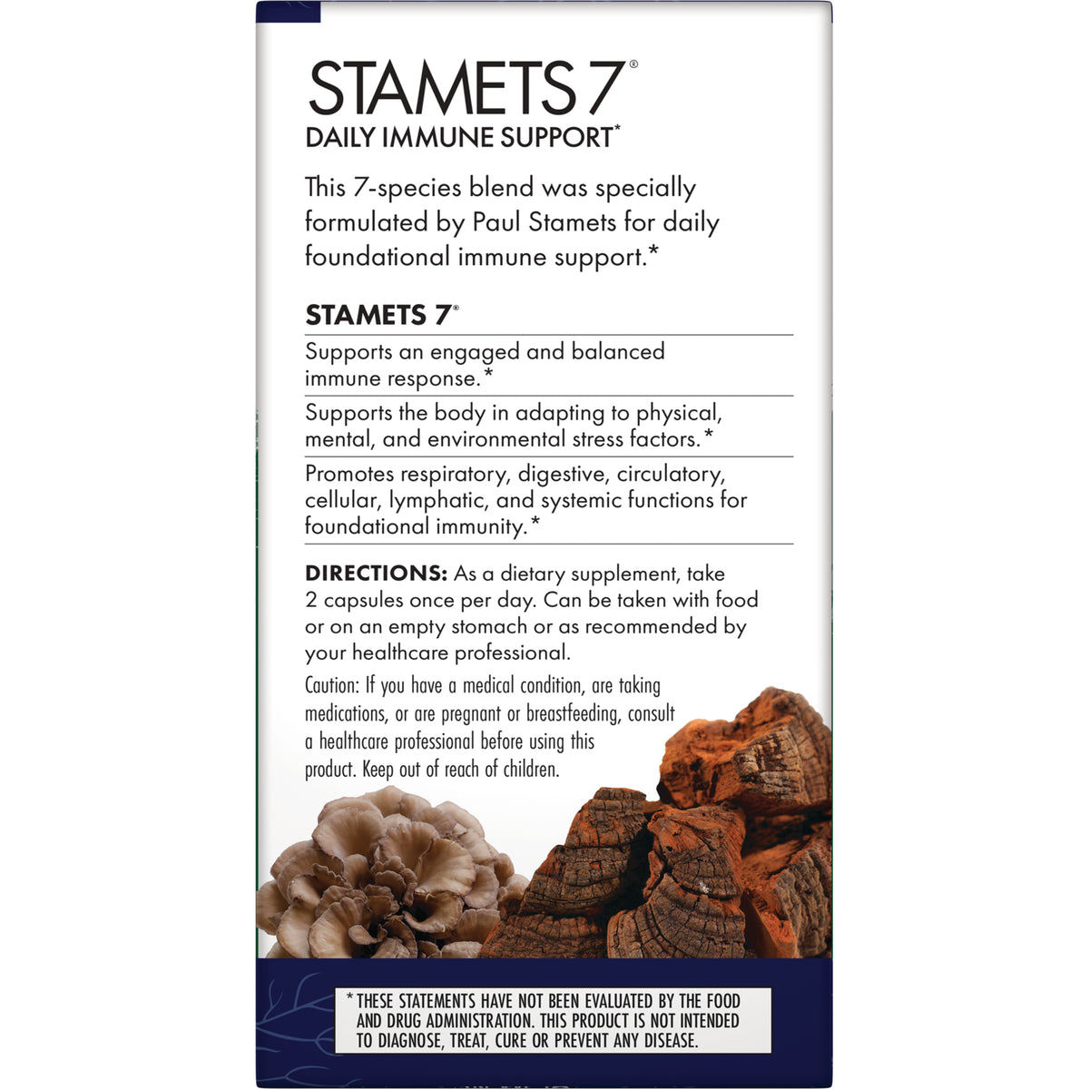 FUN026 | Back of STAMETS 7 supplement box showing Daily Immune Support text, directions, benefits, and mushroom images