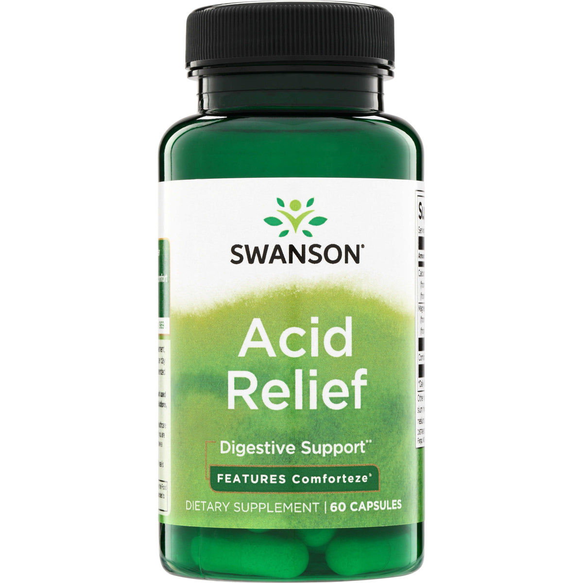 SWU777 | Swanson Acid Relief dietary supplement bottle, Digestive Support, Features Comforteze, 60 capsules