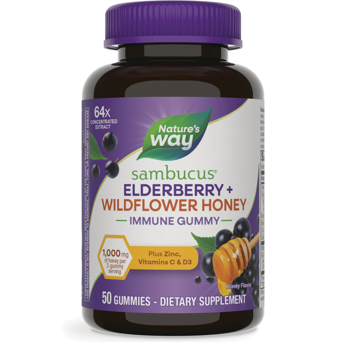 NW1074 | Nature's Way Sambucus elderberry + wildflower honey immune gummy bottle, 50 gummies dietary supplement