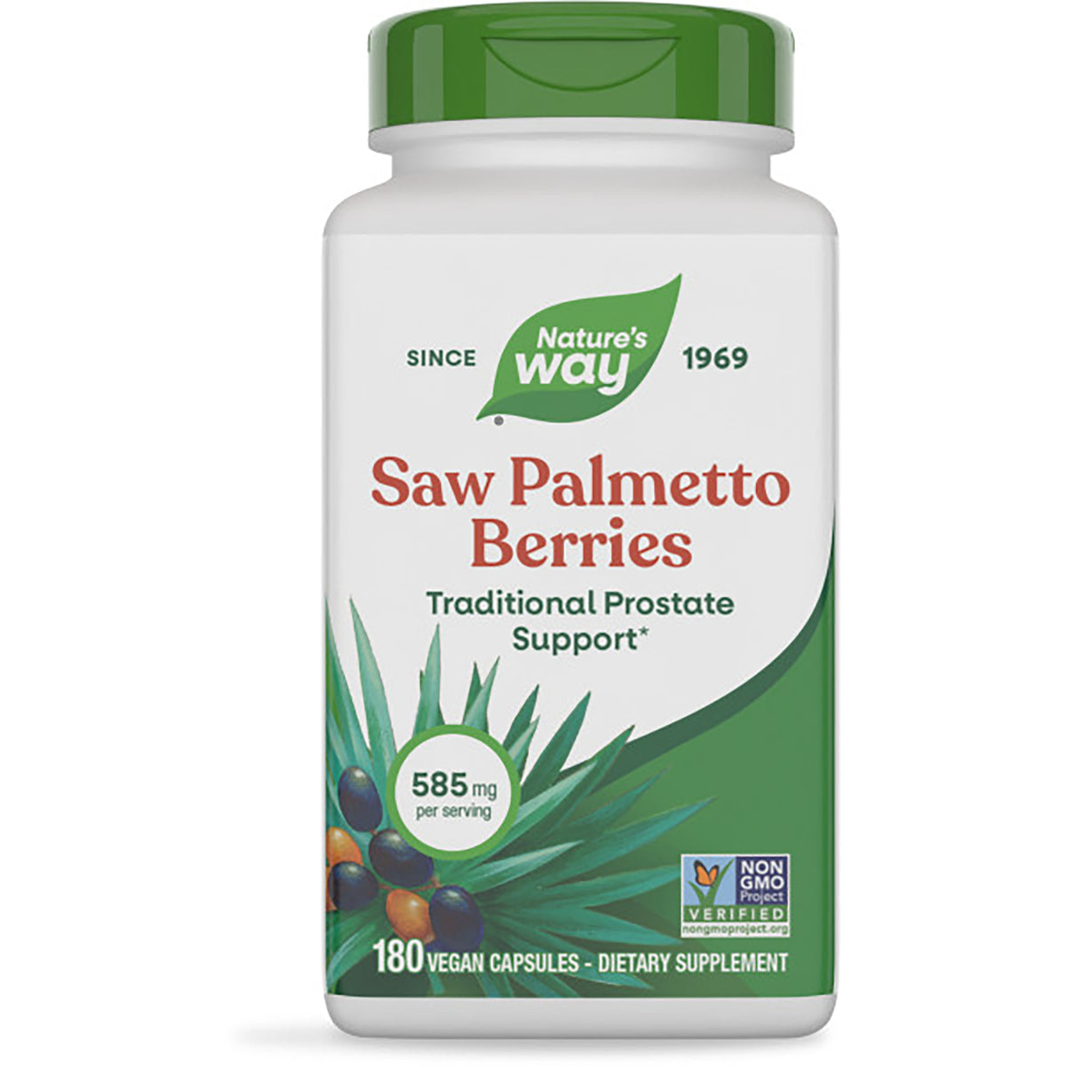 NW493 | Nature's Way Saw Palmetto Berries bottle front label, 180 vegan capsules, 585 mg per serving, Non-GMO Verified