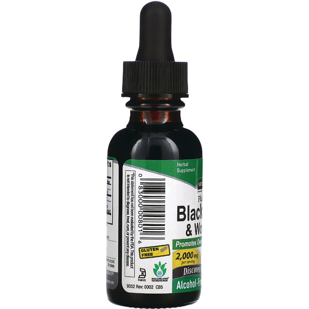 NAT011 | Back of amber dropper bottle showing barcode, gluten free badge, 2,000 mg per serving and alcohol-free herbal supplement label - Thumbnail