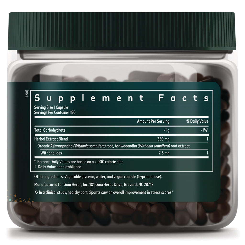 Supplement facts label on back of clear jar showing serving size, herbal extract blend, ingredients, and visible capsules - Thumbnail