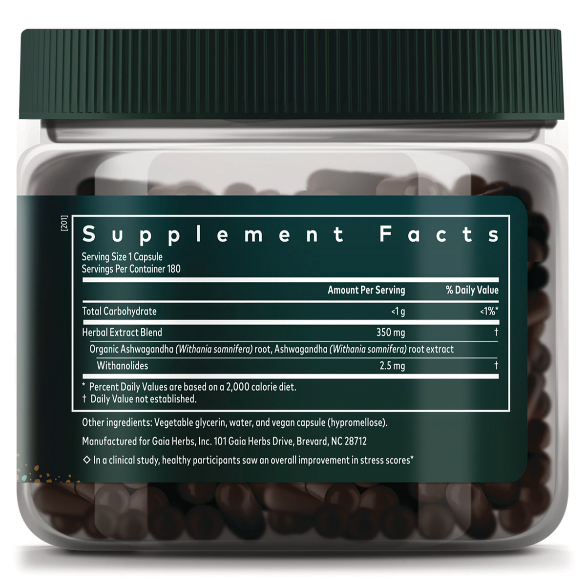 Supplement facts label on back of clear jar showing serving size, herbal extract blend, ingredients, and visible capsules