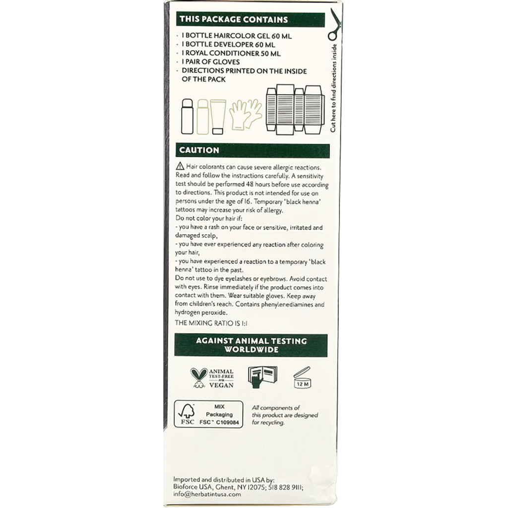 HBT008 | back of hair color kit box showing contents list, caution text and icons against animal testing - Thumbnail
