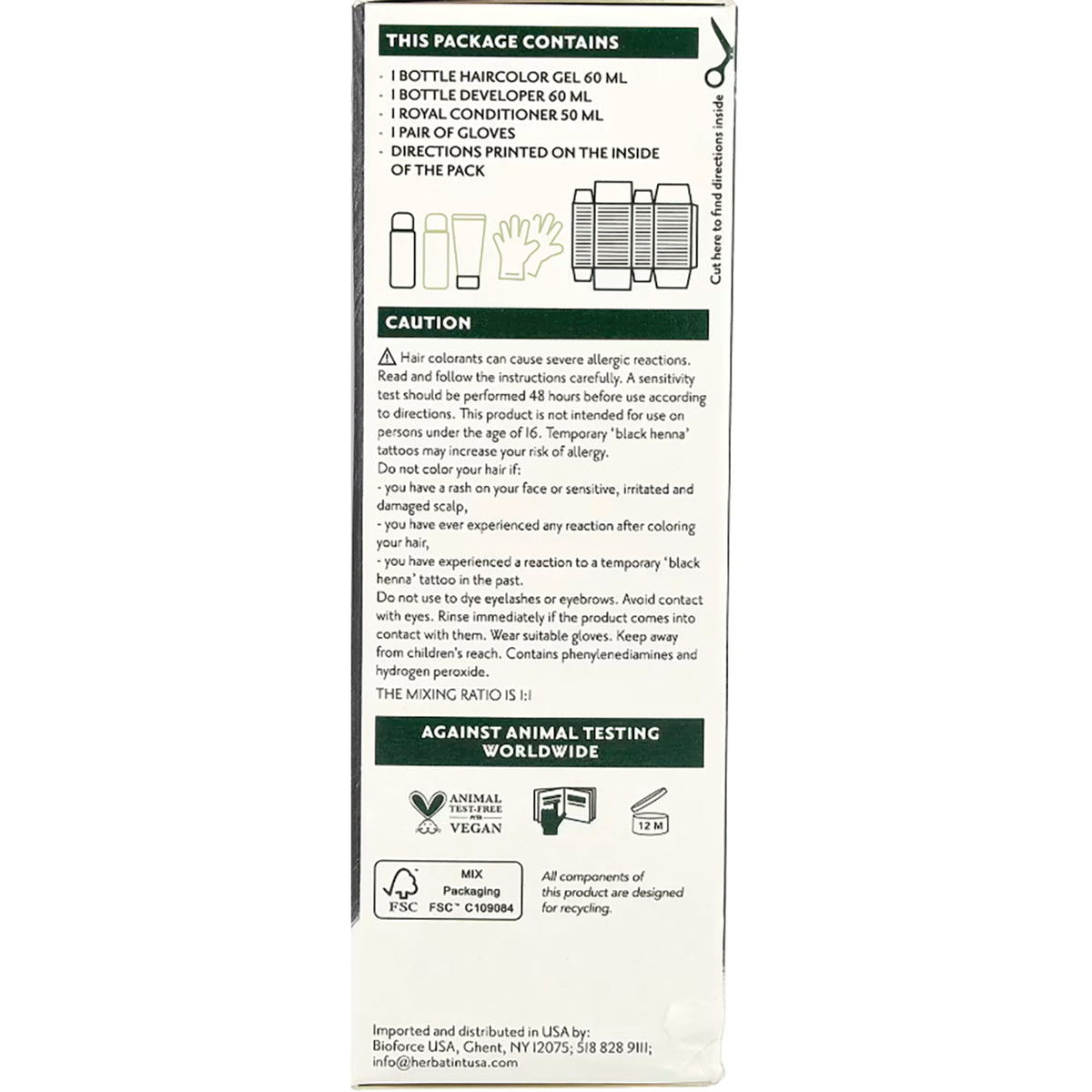 HBT008 | back of hair color kit box showing contents list, caution text and icons against animal testing