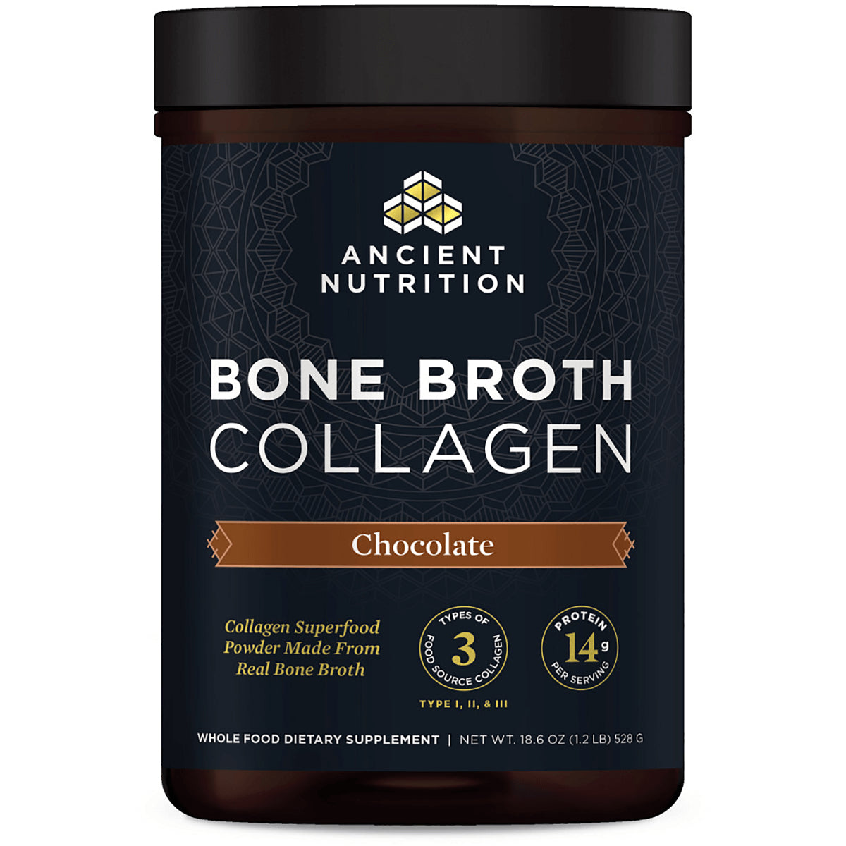 ATN009 | Ancient Nutrition Bone Broth Collagen chocolate powder supplement front label