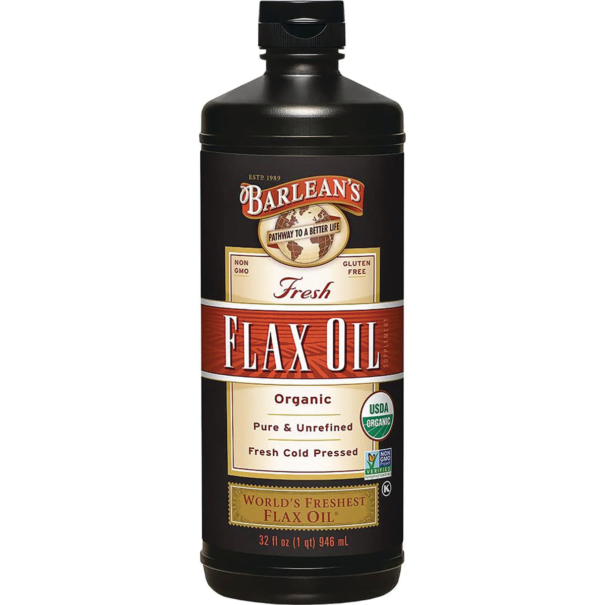 BAR005 | Barlean's Fresh Flax Oil 32 fl oz bottle, organic, pure and unrefined, cold pressed