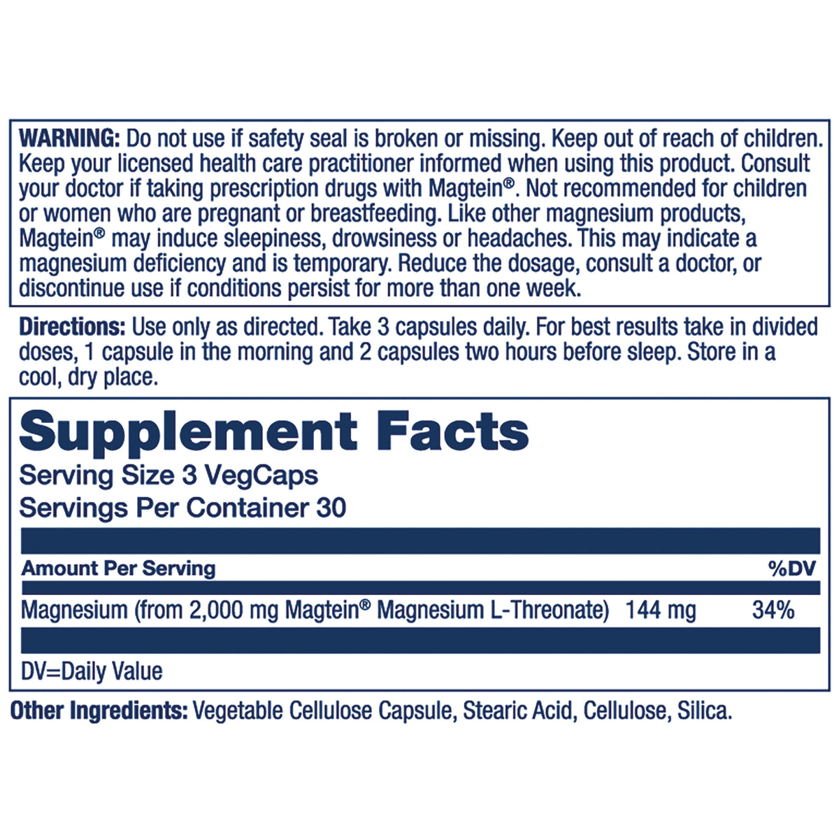 SLR535 | Back label with Supplement Facts, directions, and warning for Magtein magnesium L-threonate