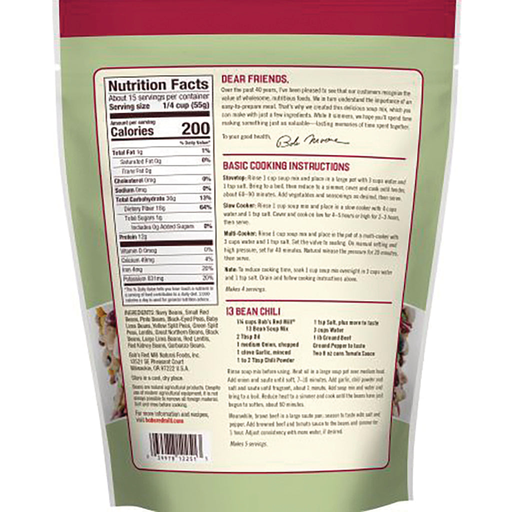 BOB426 | Back of green and red soup mix pouch with nutrition facts, cooking instructions, and barcode - Thumbnail
