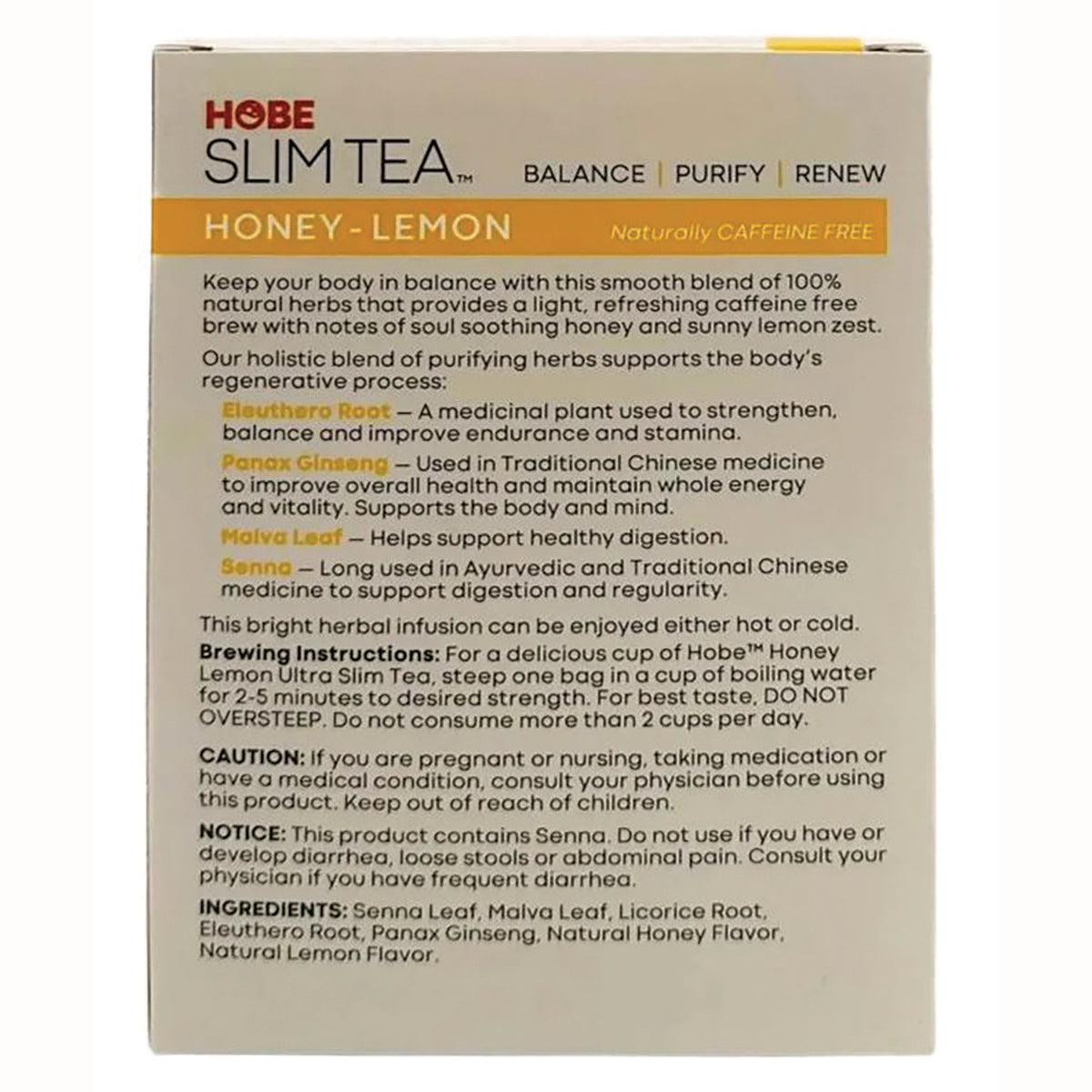 HBL010 | back of honey-lemon slim tea box showing ingredients, brewing instructions, caution and product description
