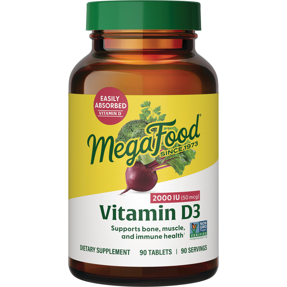 MGF013 | MegaFood Vitamin D3 2000 IU front label on amber bottle dietary supplement 90 tablets