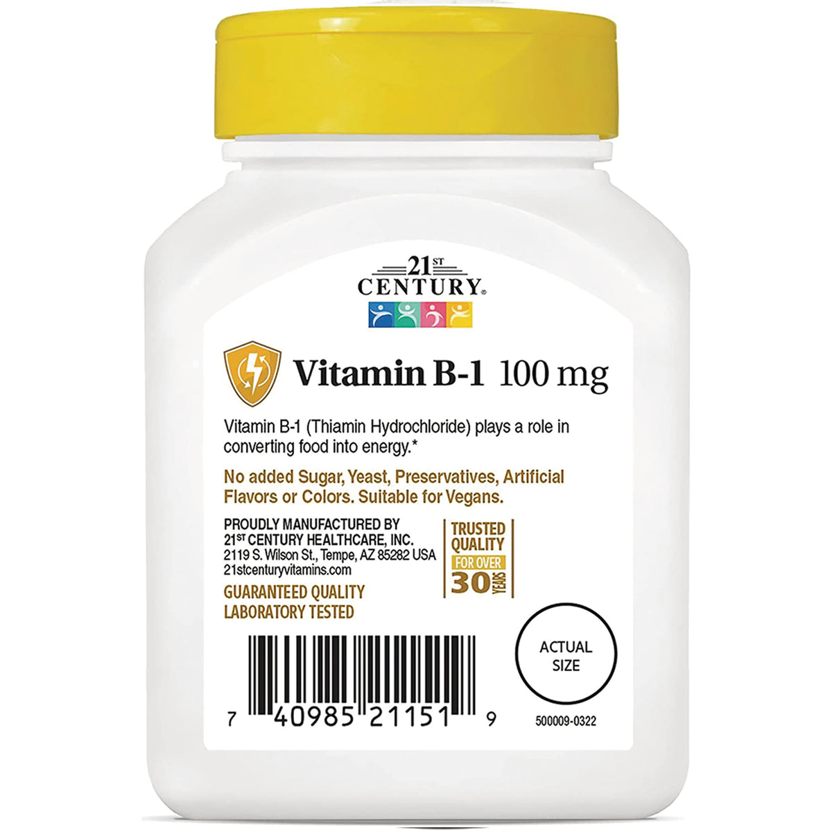 CNT163 | Back label of 21st Century Vitamin B-1 100 mg showing product description, barcode and actual size circle