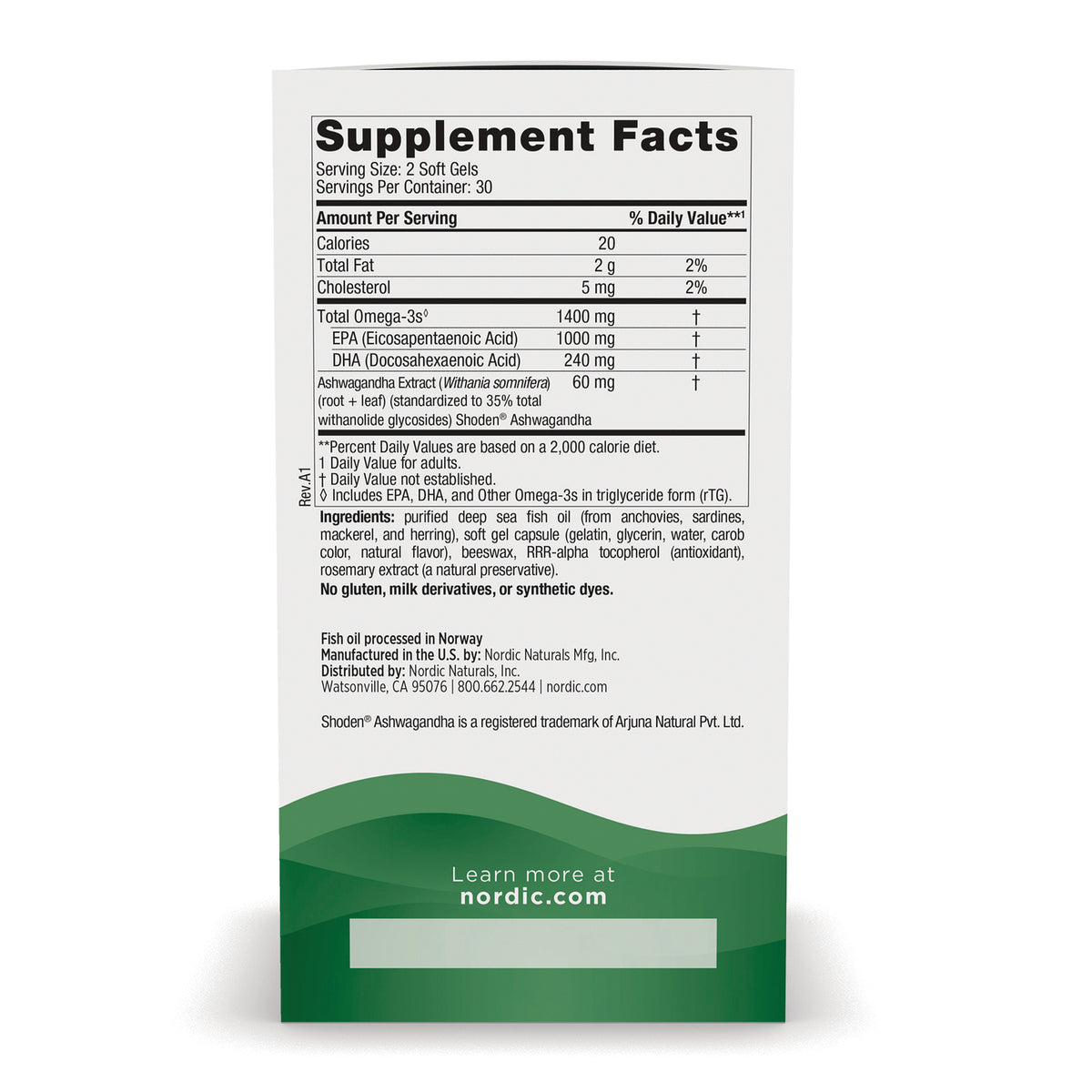 NRN138 | Supplement facts panel showing serving size, omega-3 amounts, ingredients and manufacturer information