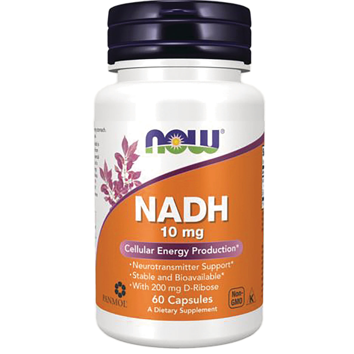 NWF393 | NOW NADH 10 mg white bottle with orange label, 60 capsules dietary supplement