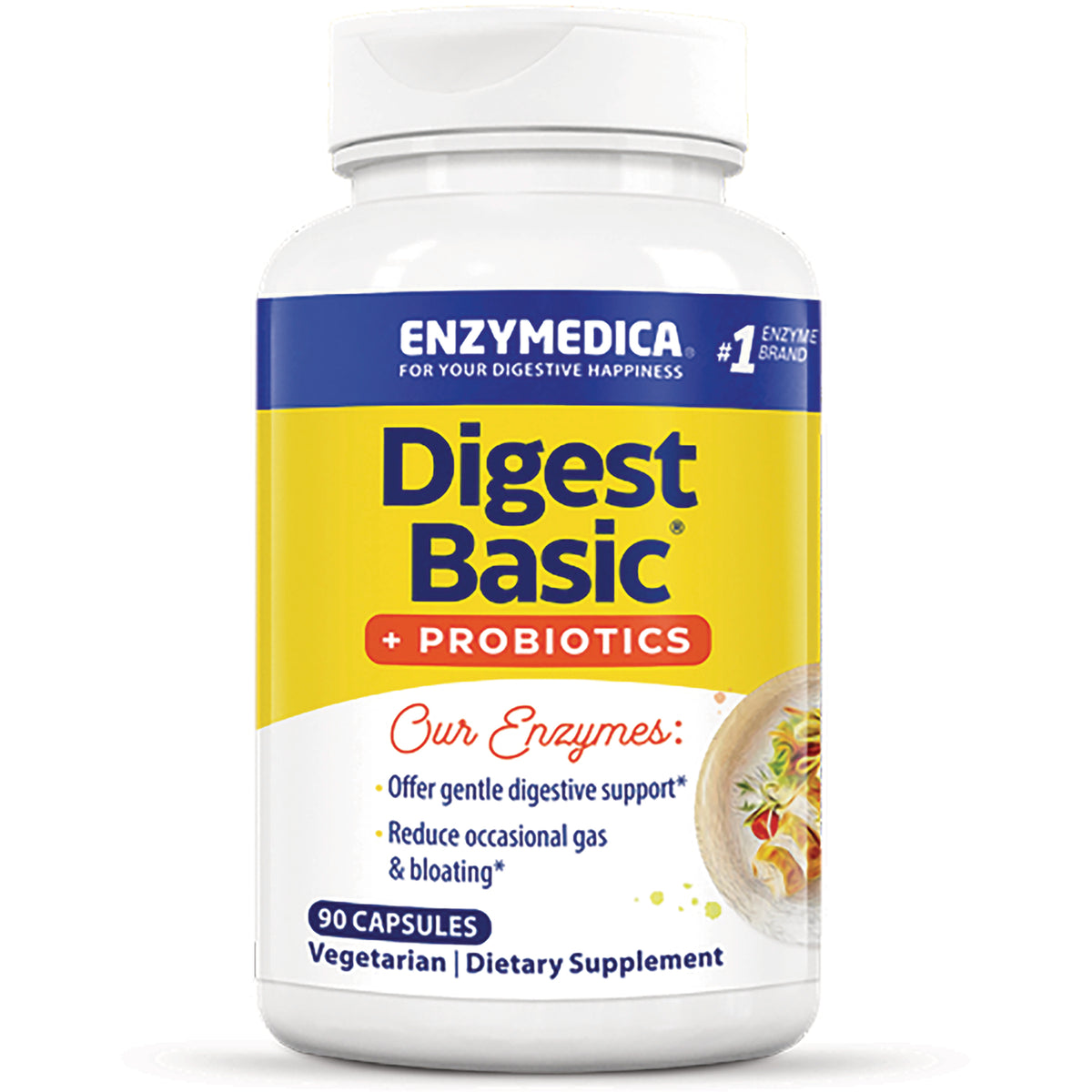 EMD059 | Digest Basic + Probiotics dietary supplement bottle front, Enzymedica label, 90 capsules