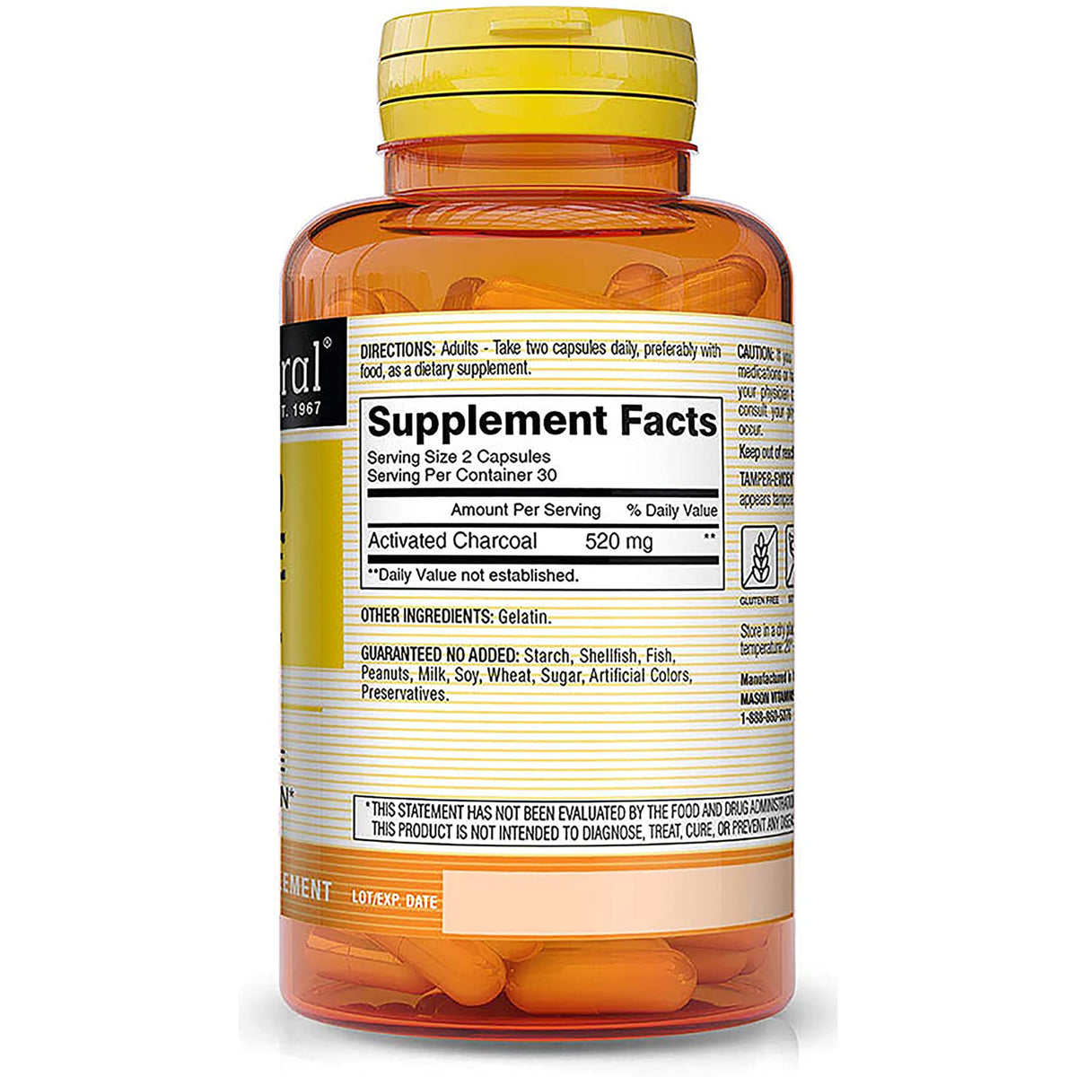 MSN065 | Back label with Supplement Facts showing Activated Charcoal 520 mg and other ingredients