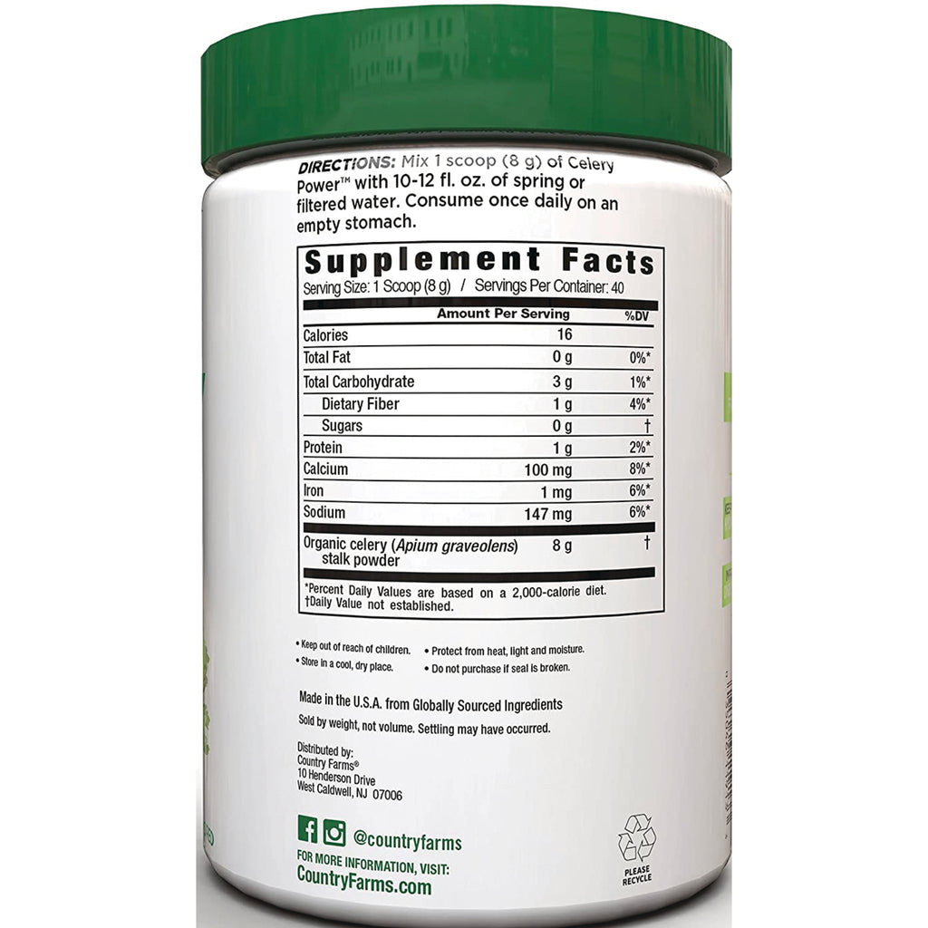 CFR004 | Back label showing Supplement Facts panel, directions, and ingredient listing for organic celery stalk powder - Thumbnail