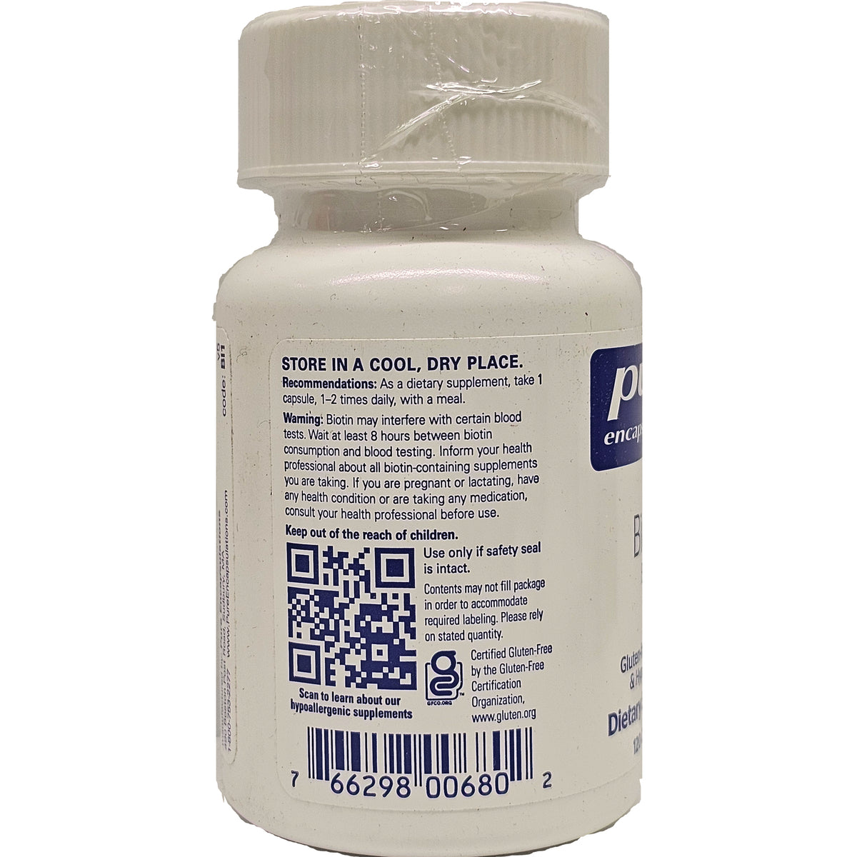 PRN005 | back label of white supplement bottle showing storage instructions, warning text, QR code and barcode