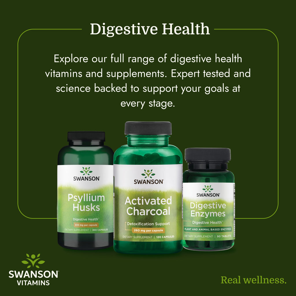 SW1355 | Swanson Digestive Health infographic with psyllium husks, activated charcoal, and digestive enzymes - Thumbnail