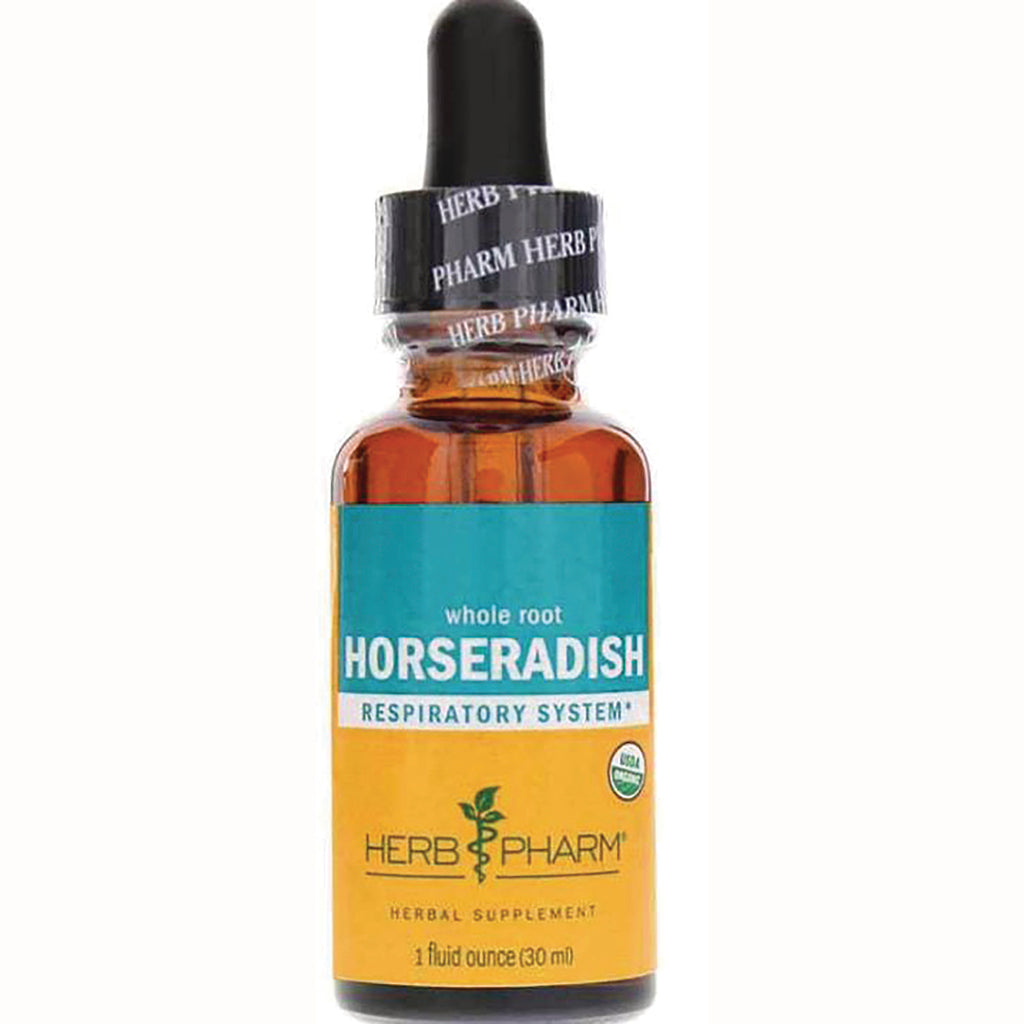 HPH057 | amber glass dropper bottle labeled whole root HORSERADISH Respiratory System by Herb Pharm, 1 fluid ounce - Thumbnail