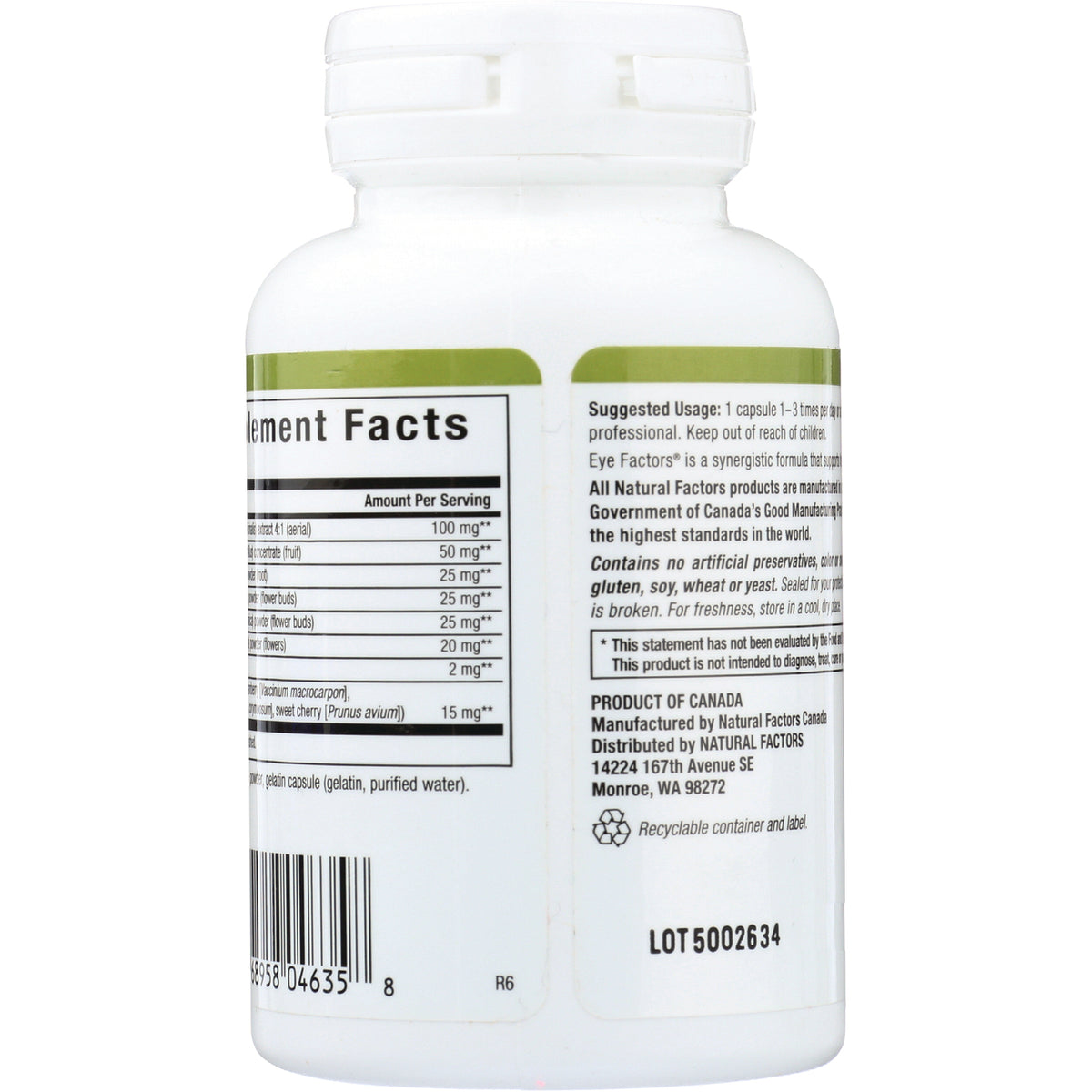 NFC131 | Back of white supplement bottle showing Supplement Facts panel, product information, barcode and LOT 5002634