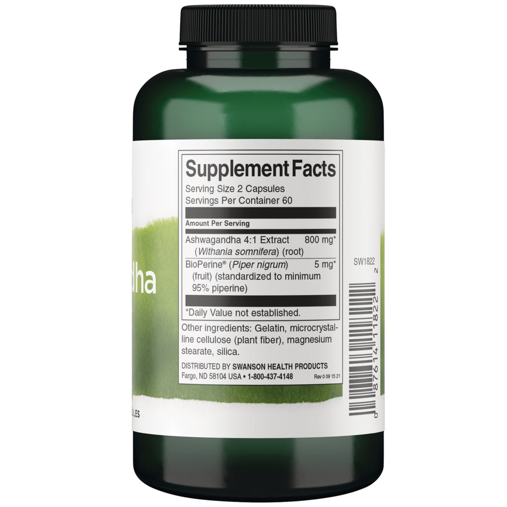 SW1822 | Back of bottle with Supplement Facts: serving size 2 capsules; Ashwagandha 4:1 extract 800 mg; BioPerine 5 mg - Thumbnail