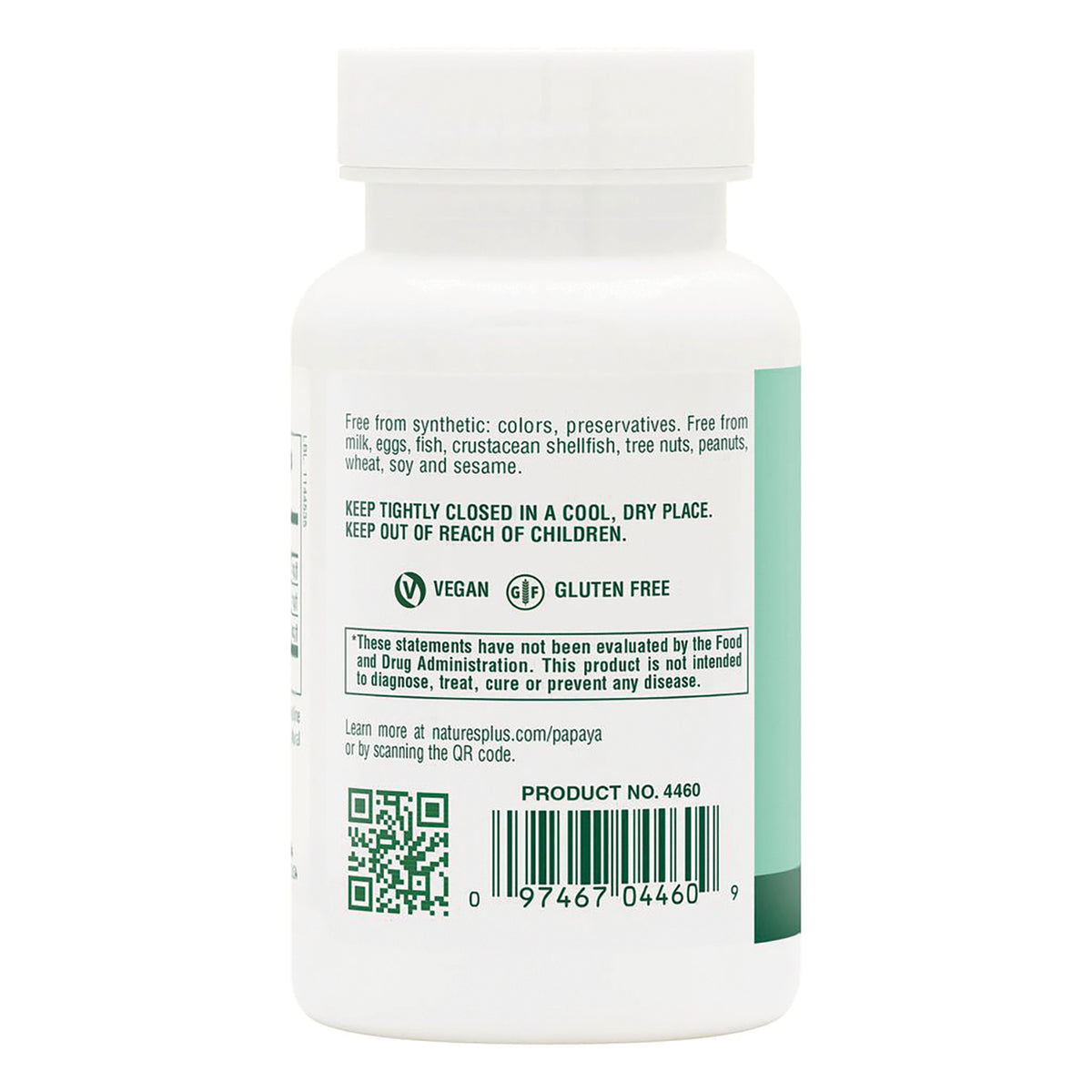 NTP142 | Back label of white supplement bottle showing vegan and gluten free icons, storage instructions, QR code and barcode
