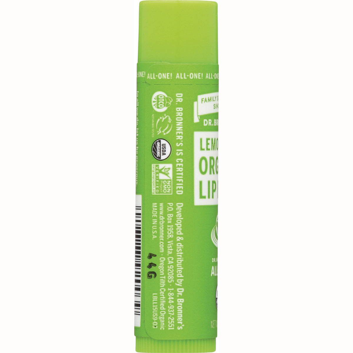 DRB031 | Back label of green lemon organic lip balm tube showing certifications, barcode and ingredient text