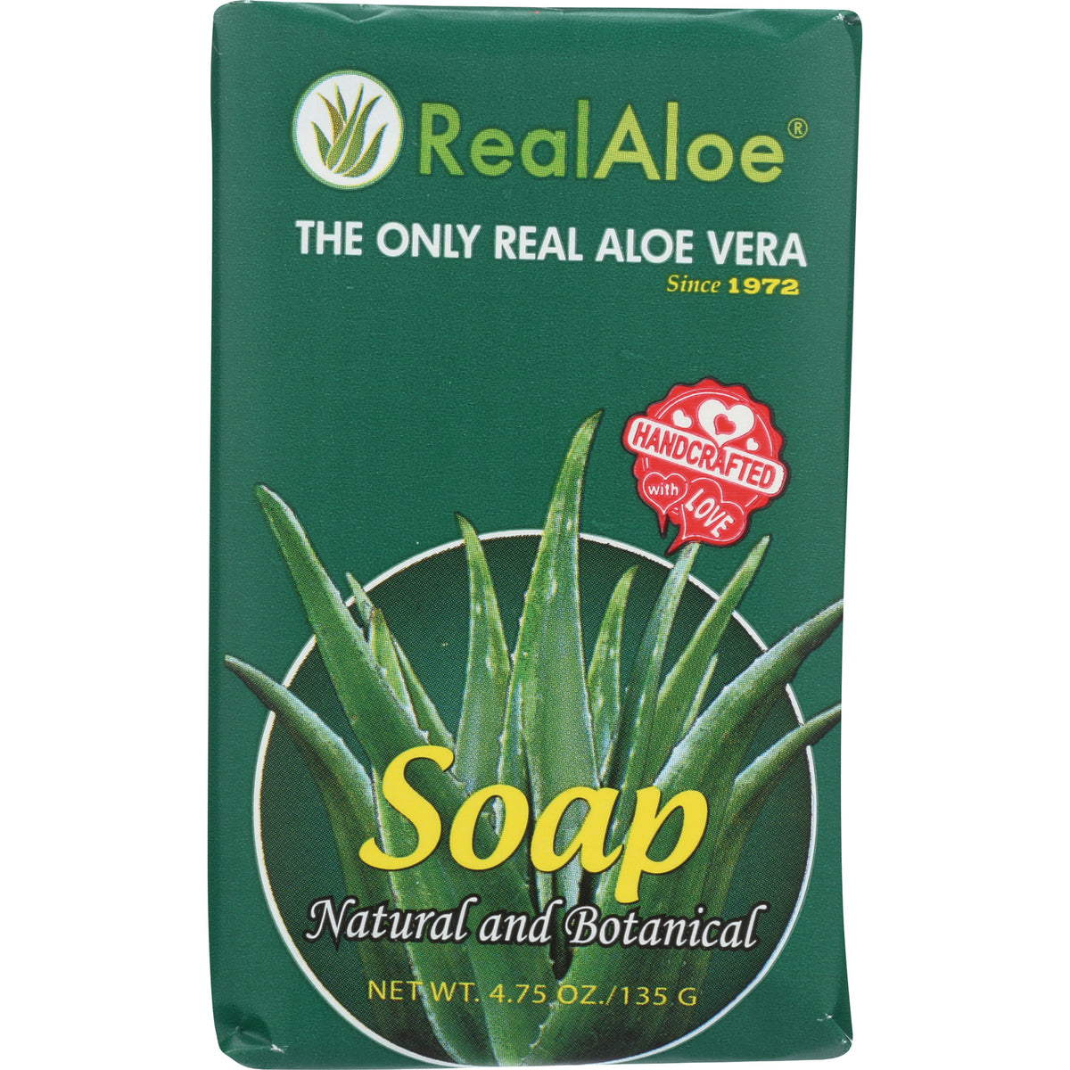 RA008 | Green RealAloe soap box with aloe graphic and Handcrafted with Love badge labeled Soap Natural and Botanical