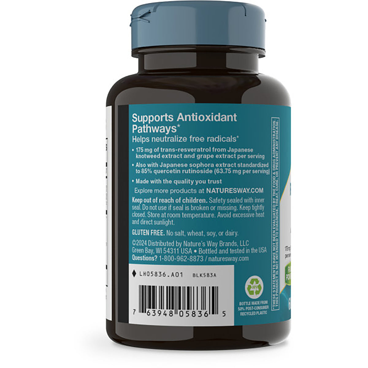 White supplement bottle back label showing ingredient and safety text, barcode and bottled & tested in the USA seal